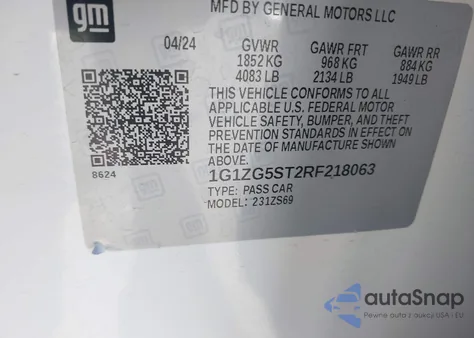 2024 Chevrolet Malibu Fwd Rs из США, поврежденный, VIN 1G1ZG5ST2RF218063